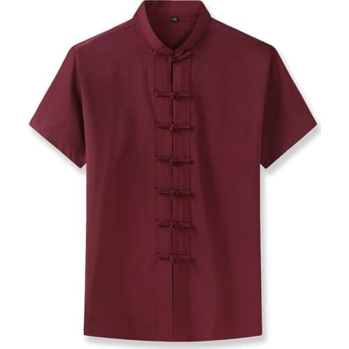 7XL Men Tang Suit Chinese Style Short Sleeve Fashion Shirt Solid Color Traditional Kung Fu Hanfu Mens Tops Shirt Plus Size