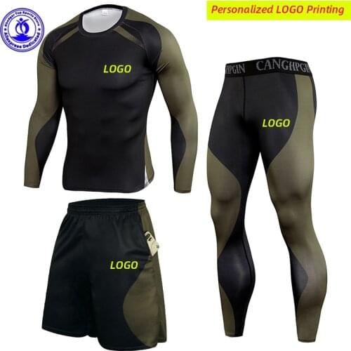 Quick Dry Compression Mens Running Set 3Pcs Shirts+Leggings+Shorts Sport Suit Elastic Gym Fitness Sportswear Clothing Custom