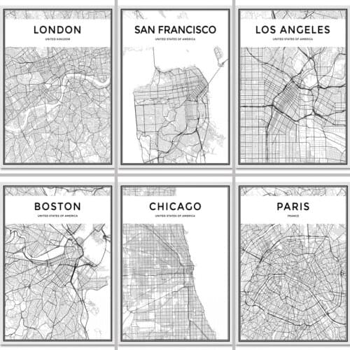 Black and White World City Map New York Tokyo Paris Canvas Painting Poster Prints Nordic Style Wall Art Pictures for Living Room