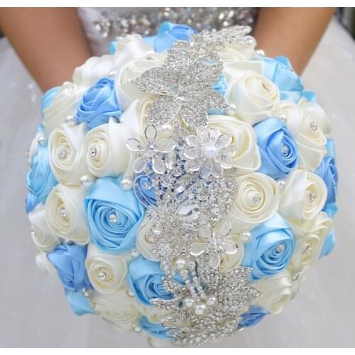 DIY brooch bouquet Silk Bride Bridal Wedding Bouquet Bridesmaid Powder Blue & Ivory Fabric roses Customizable diamond bouquets