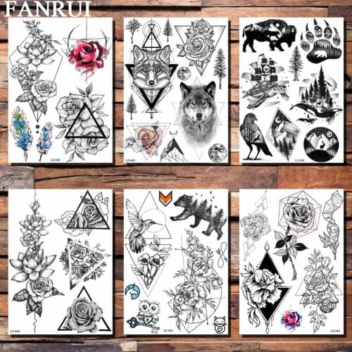 FANRUI Geometric Diamond Hummingbird Temporary Tattoo Sticker Rose Flower Fake Tatoos Waterproof Body Art Arm Neck Tattoo Decals