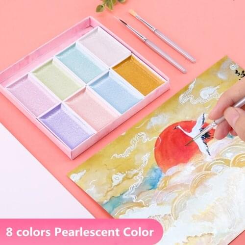 Sakura Auspicious 8-color Pearlescent Solid Watercolor Paint Set Golden Silver Send Brush Professional Painting Art Supplies