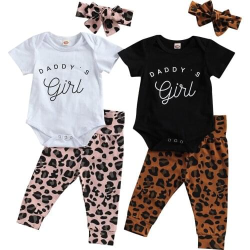 2021 0-18M Cute Baby Girl Clothing DADDY GIRL Letter Print Short Sleeve Romper Top+Leopard Harem Pants+Headband Summer 3pcs Set