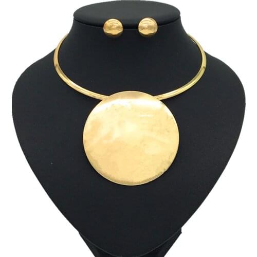 Liffly African Nigerian Wedding Jewelry Set Necklace Earrings Charm Fashion Jewelry Sets Exaggerated Gold Round Pendant Jewelry