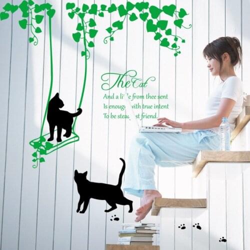 DIY Cute Swing Cat Vinyl Wall Stickers Green Tree Wall Art Living Room Kids Rooms Decoration Adesivo De Parede Home Decals