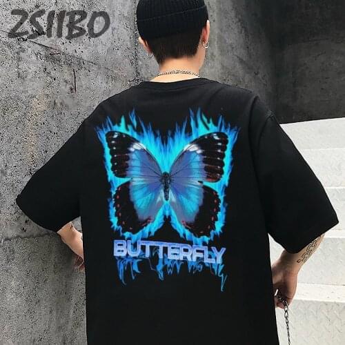 Butterfly Graphic Letters Print Oversize T Shirt Men Hip Hop Short Sleeve Casual Tops Harajuku Unisex Cotton T-Shirt Plus Size
