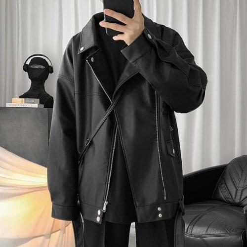 Spring Black Oversized Leather Biker Jacket Men Casual Loose Korean Fashion 2021 Faux leather Jackets for Men Brand