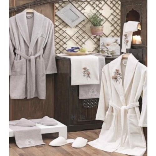 Dantela 3D Embroidered Bamboo Bathrobe Set 8 Piece Womens Bathrobe: (S / M Size) Mens Bathrobe: (L / XL Size)