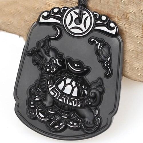 Natural Black Obsidian Dragon Turtle Jade Pendant Necklace Chinese Hand-Carved Fashion Jewelry Amulet Accessories for Men Women