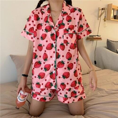 Summer New Korean Pajamas Set Pink Strawberry Print Pjs Sleepwear Women Sweet Student Cute Loose Home Set Loungewear Suit S-l