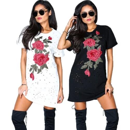 NOXNEX New Autumn Flower Long T-shirt Short dress Female OL Tops Short Sleeve embroidery Blouse Round Neck Burn Women Clothing