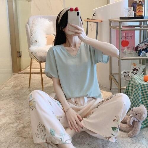 Short-sleeved Cotton Silk Pajamas Womens Spring and Summer Thin Air-conditioning Suit Japanese Small Fresh Viscose Home Service
