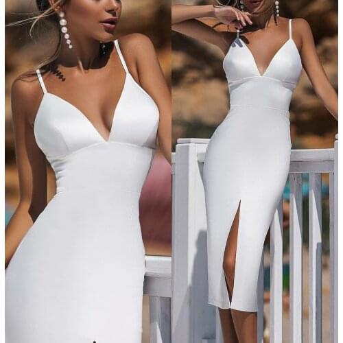 Sexy Deep V-Neck Bodycon Short Satin Prom Dresses with Slit Open Back Robe De Soiree Tea Length Formal Party Gowns