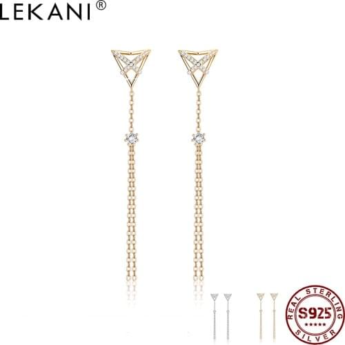 LEKANI 925 Sterling Silver Long Tassel Clear CZ Drop Earrings For Women Geometry Triangle Cross Earring Fine Silver Jewelry
