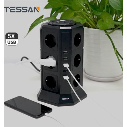 TESSAN Tower 12-Way Socket Power Strip 5 USB Multiple Sockets with Switch Overload Protection 2M Extension Cable for Home Office