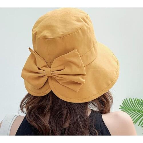 Fashion Solid Bowknot Cap Women Ladies Flat Top Fishing Hat 100% Cotton Packable Bucket Hat sun hats for women summer hats
