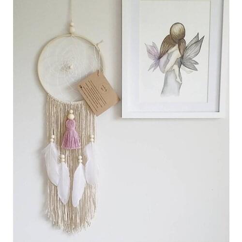 Nordic Hand Knotted Macrame Wall Art Handmade Cotton Wall Hanging Dreamcatcher Tapestry with Feather Bohemian Wedding Decoration