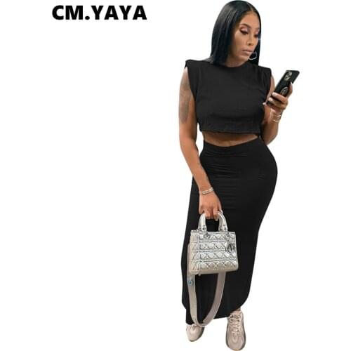 CM.YAYA Women Set Solid Sleeveless Crop Tops Strechy Long Skirts Two 2 Piece Sets Fashion High Streetwear Casual Summer Outfits