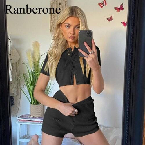 Ranberone Tracksuit Women Button Short Sleeve + Shorts Sports Suit Gym Set Fitness 2 PCS Suit Solid Color Sportswear Women Set