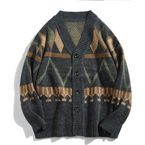 Retro Mens Sweaters Autumn Winter Clothes Contrast Color Loose V Neck Cardigan Casual Top Man Jacket Trend Outerwear XXL