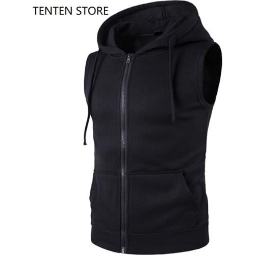 Fall Plus Sizes Sleeveless Hooded Vest Sweatshirts Mens Zipper Closure Gilet Hoodie Jackets with Pockets Man Clothing Black