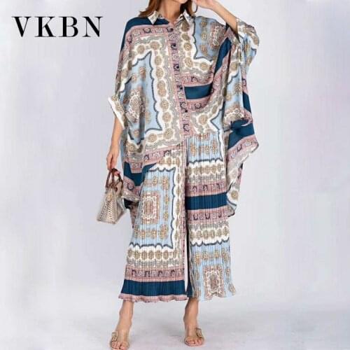 VKBN Spring Summer Two Piece Set Top and Pants Plus Size Elastic Wais Print Straight Trousers Suit 2 Piece Set Women Summer