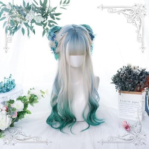 Lolita Female Long Wavy White Green Blue Multicolor Gradual Change Bangs Wig Women Wigs Cosplay Party