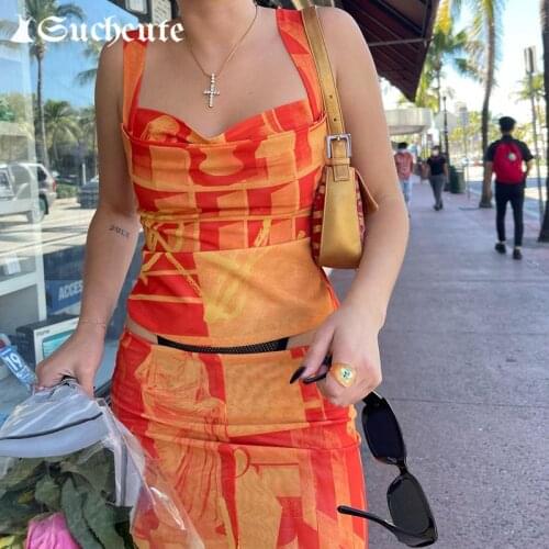 SUCHCUTE 2021 Summer y2k Aesthetic Print Crop Tops And Midi Skirts Two Pieces Sets 90s Casual Vacation Outfits Womens Suit