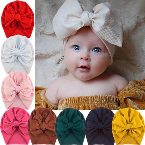 24Pcs/Lot Baby Girls Big Waffle Fabric Bowknot Turban Hats Cute Infant Beanie Toddler Soft Knotting Caps Headwraps