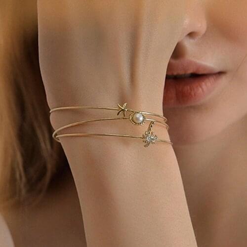 3PCS Vintage Cuff Bracelet Bangles for Women Brief Gold Color Open Coconut tree starfish Knotted Charms Bracelets Jewelry#288101