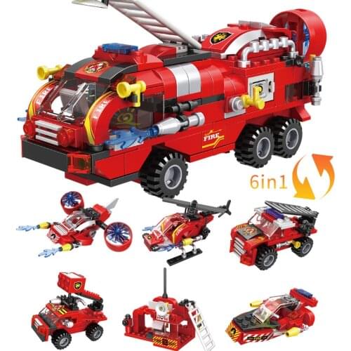 387pcs 6in1 Fire Fighting Trucks Blockes Car Helicopter Boat Building Blocks City Firefighter Firemen Figures Bricks Toys Child