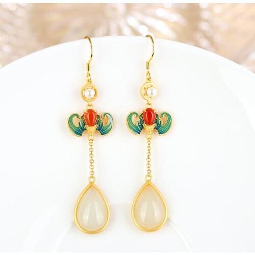 Antique Eardrops Vintage Court Style Chinese Style Palace Design Sterling Silver Gilding Natural Hetian Jade Water Drop Earrings