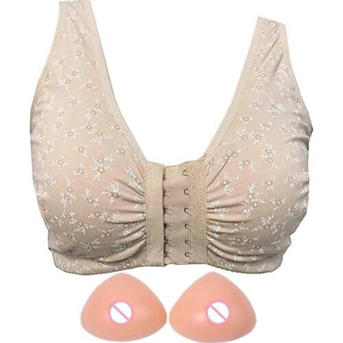 Front-Closure Bra Lace Pocket Bra with Silicone Breast Forms for Crossdressers Drag Queen Mastectomy Ajusen