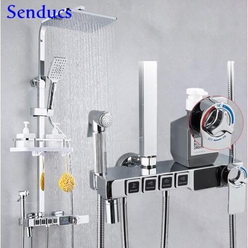 Digital Shower Set Senducs Temperature Display Bathroom Shower System Rainfall Shower Head Polished Chrome Digital Shower Set