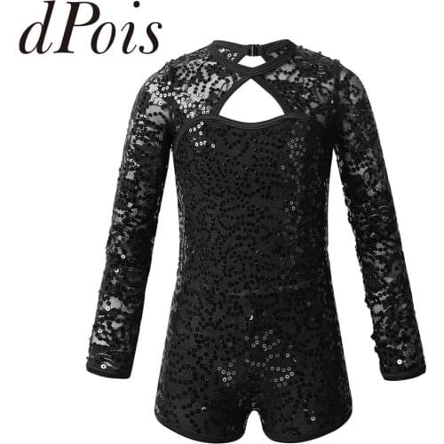 Kids Teens Gymnastics Leotard Girls Long Sleeves Shiny Sequins Keyhole Back Ballet Dance Gymnastics Leotard Jumpsuit Biketard
