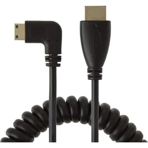 Mini HDMI to HDMI, 5 Feet Coiled 90 Degree Left Angle Mini-HDMI Male to HDMI Male Converter Cable, Support 1080P Full HD, 3D