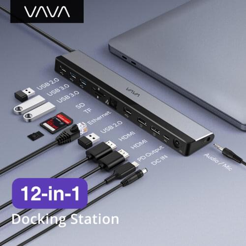 VAVA USB C Docking Station 12-in-1 Type C Hub with Dual 4K HDMI for MacBook / Pro/Air Type C Windows Laptops Tablets Mobiles