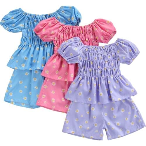 Fashion Summer Toddler Kids Baby Girls Clothes Sets Floral Printed Puff Sleeve T shirt Tops Elastic Waist Shorts Outfits 2pcs