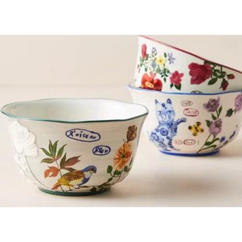 MIDOSHARK Embossed flower plant ceramic salad bowl Home breakfast cereal bowl
