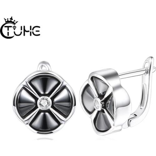 Cute 4 Petals Ceramic Antique Flower Ceramic Earrings Jewelry AAA Rhinestones U Shape Women Earrings Wedding Engagement Gifts