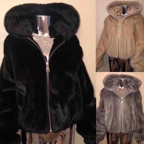 Fashion Short Mink Fur Hooded Jacket 55CM Length Woman Winter Warm Mink Fur Outer Garment Long Sleeves Real Mink Fur With Zipper
