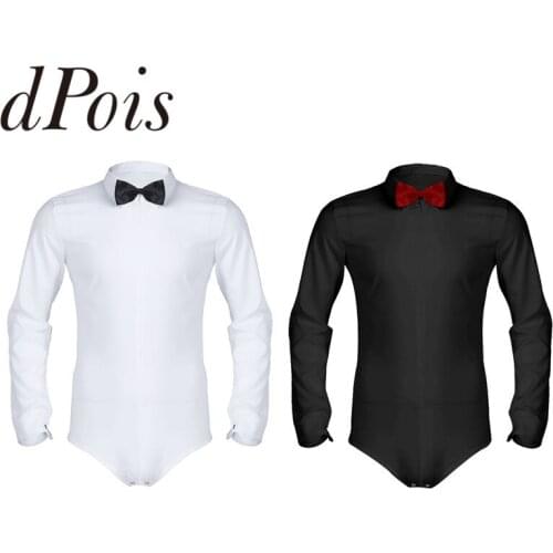 Men Zipper Professional Latin Dance Shirt with Bowtie One-piece Romper Shirt Mens Long Sleeve Stage Ballroom Dance Wear Bodysuit
