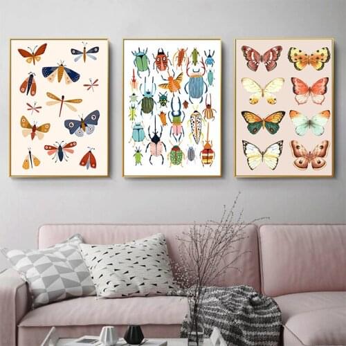 Beetle Butterfly Print Illustration Nursery Wall Art Canvas Painting Bugs Insect Posters and Prints Living Kid Room Home Decor