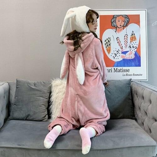 New Korean Thickened Kawaii Cute Winter Loose Lazy Pajamas Girl Plush Rabbit Ears Pink Siamese Home Service Winter Pajamas Set