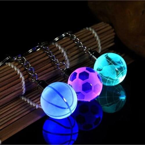 New Crystal LED Luminous Football Basketball Globe Bag Pendant Keychain Football Team Logo Alloy Hollow Keychain