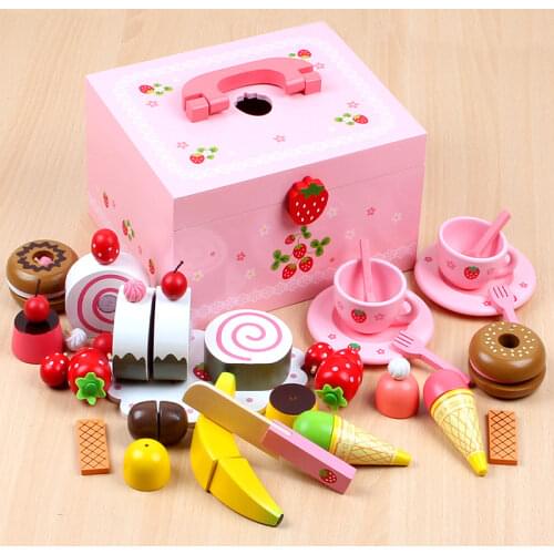 NEW Wooden Toys Strawberry Simulation Cake/Afternoon Tea Set Cut Game Pretend Play Kitchen Food Child Birthday Gifts Children
