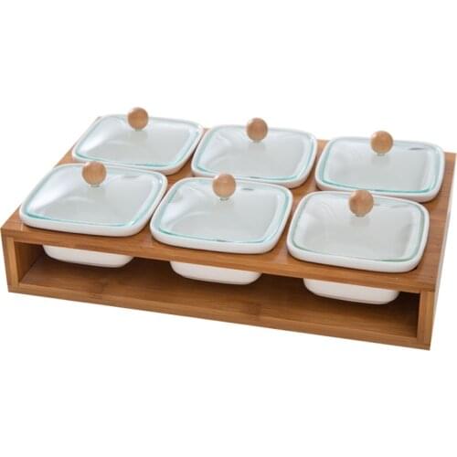 Snacks Nut Leisure Dried Fruit Tray with Glass Lid, Bamboo Tray with Eco-friendly Bottom, Living Room Platter, Ceramic Platter
