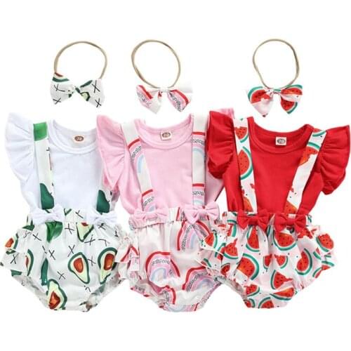 Pudcoco 0-18M 3Pcs Summer Baby Girls Casual Watermelon Rainbow Print Bodysuit Top+Shorts Pants+Bowknot Headwear Outfit Sets