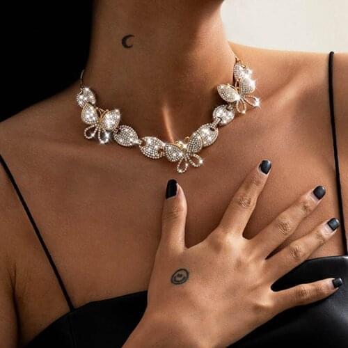 Luxury Fashion Shiny Diamante Rhinestone Butterfly Choker Necklace Women Vintage Exaggerated Statement Necklaces Colar Jewelry