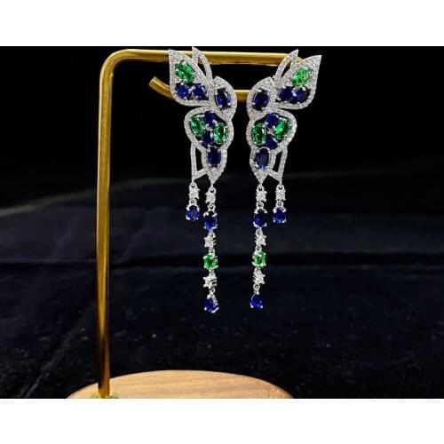 Luxury Blue Green AAAAA Zircon Dangle Earring For Women Wedding Engagement Ladies Earrings 925 Sterling Silver Jewelry